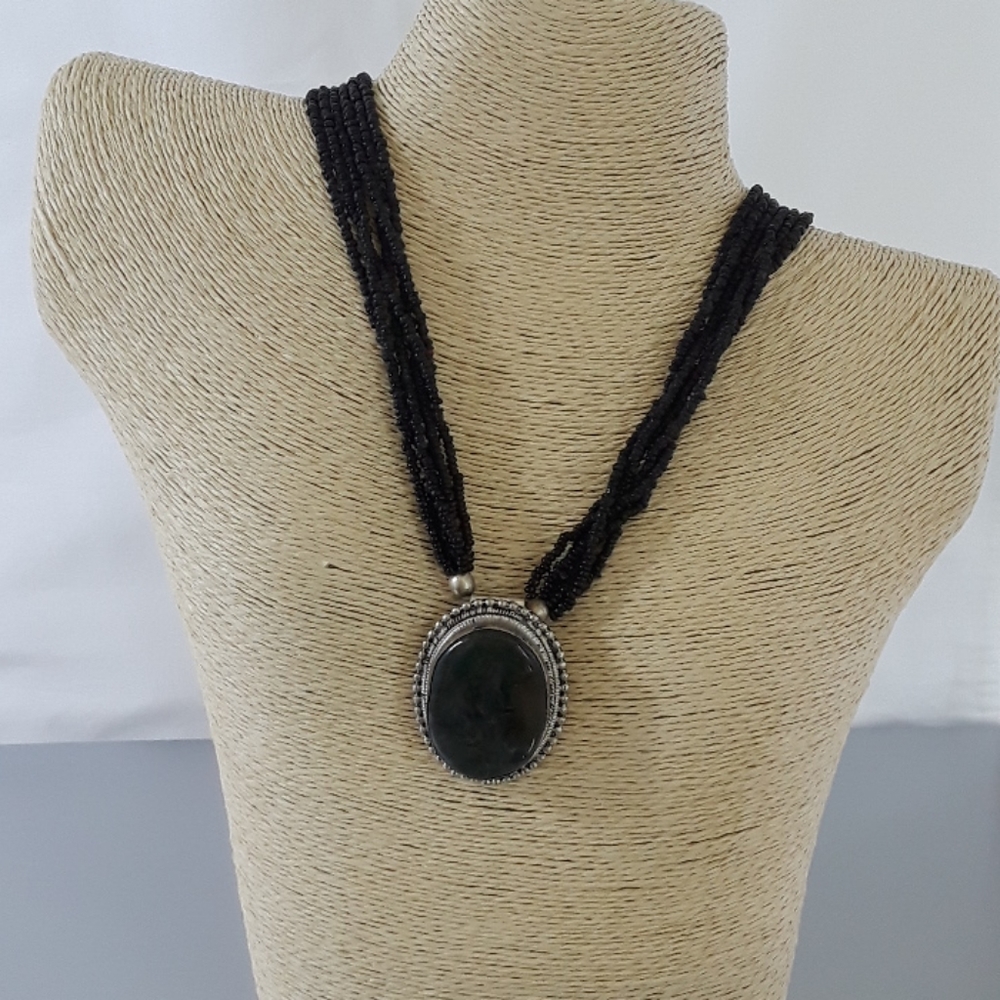Black Beaded Necklace with Green Agate Stone